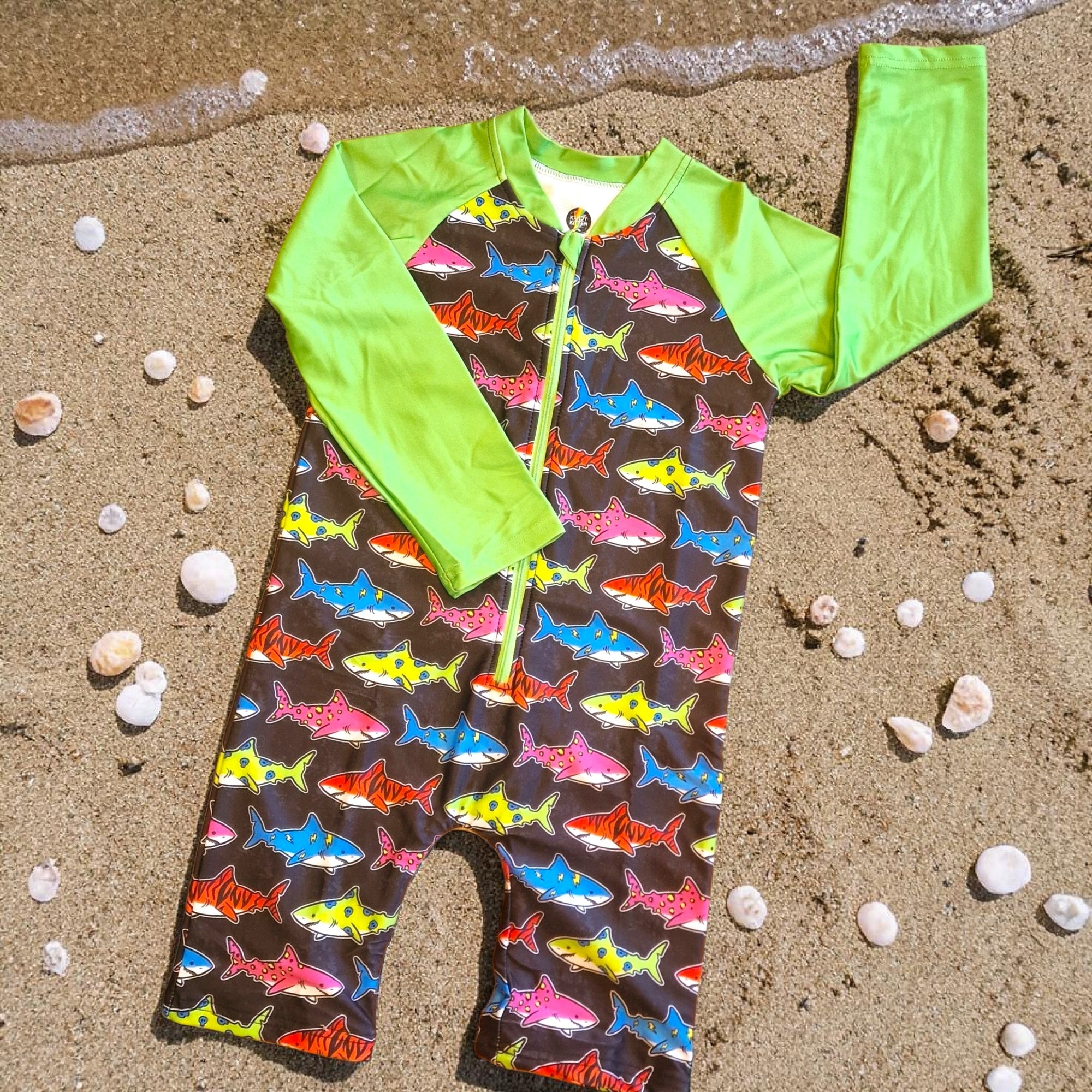 Swim Romper - Black Alt Sharks with green sleeves