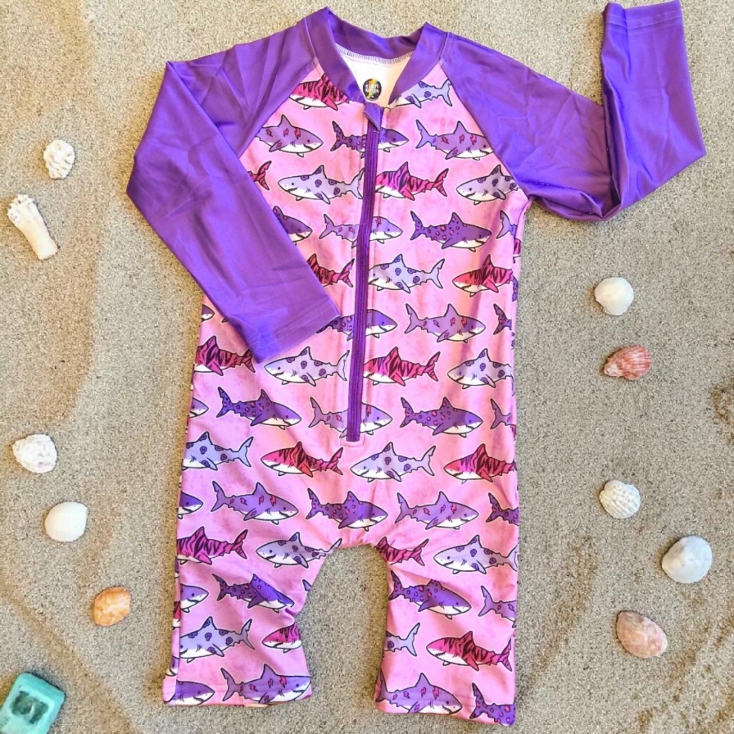 Swim Romper - Pink Alt Sharks with Purple sleeves
